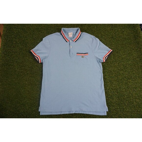 Lacoste Polo Shirt‎ Size 5 Blue Embroidered Alligator Logo Stripe Collar - Picture 1 of 8